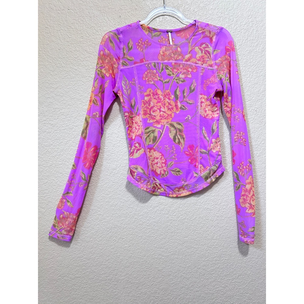 Free People Size M Floral Mesh Long Sleeve Top Purple Sheer Exposed Seam Boho